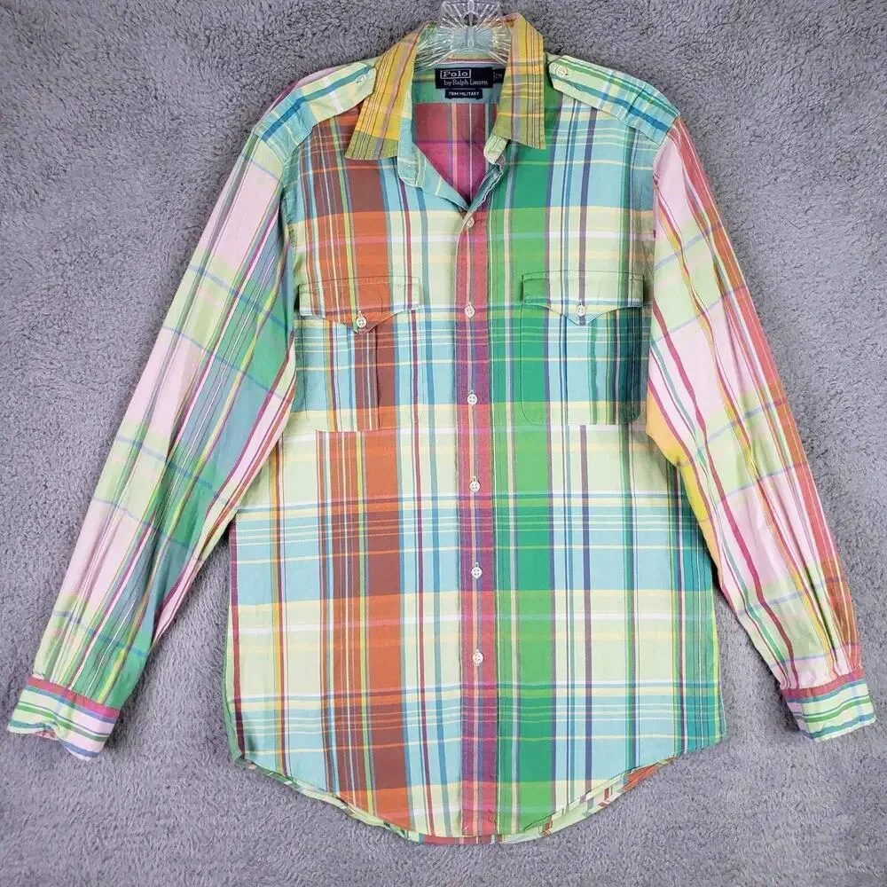 Polo Ralph Lauren Military Button Down Shirt Mens M Medium Plaid LS Flaw